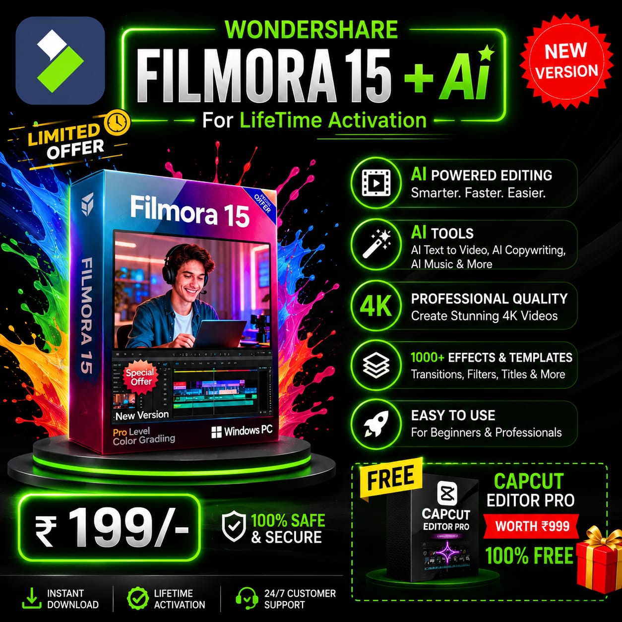 Uniqva Facebook ad: Filmora Premium Access, Only ₹199