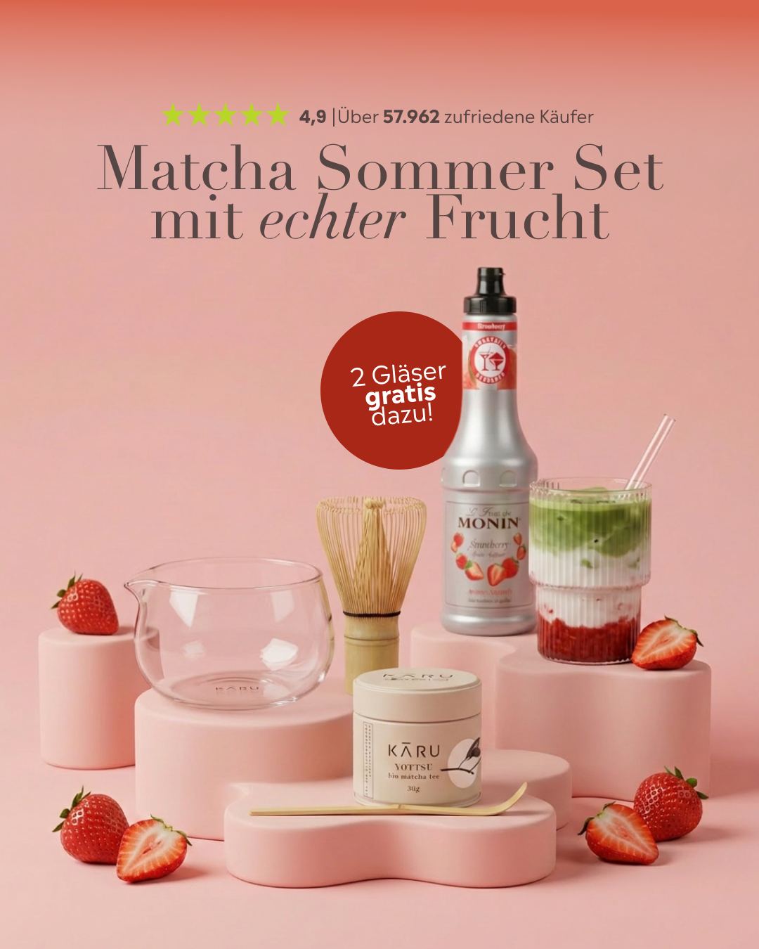 Matcha-karu.com Facebook ad: Summer-Bundle mit 2 gratis Trinkgläsern