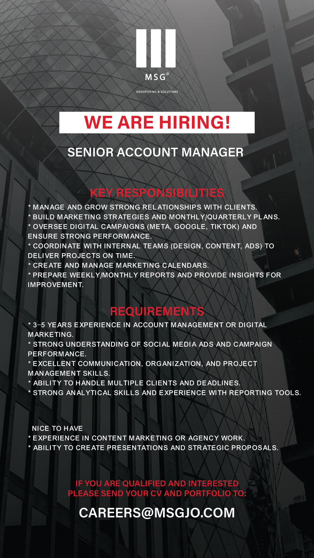 MSG Facebook ad: Apply Now!