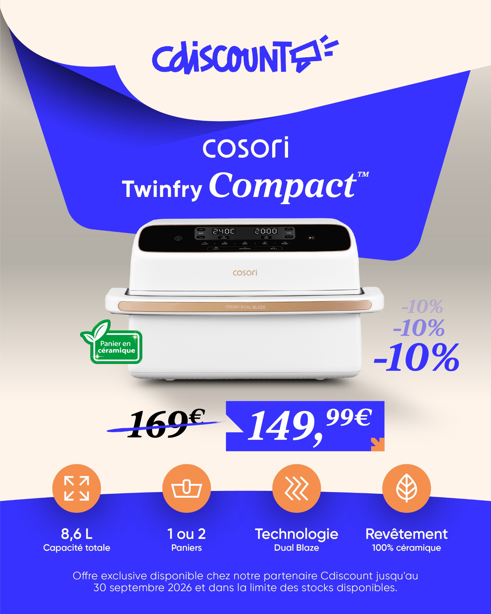Cosori France Facebook ad: Friteuse sans huile COSORI - Air Fryer Dual Blaze Twinfry…
