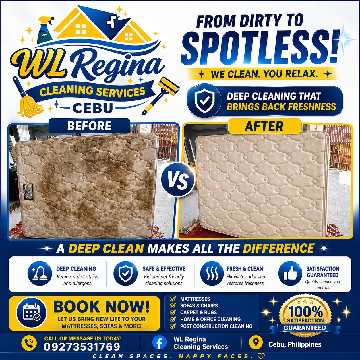 Regina Cleaning Services - Cebu Facebook ad: Grabe ka hugaw sauna… pero tan-awa karon!