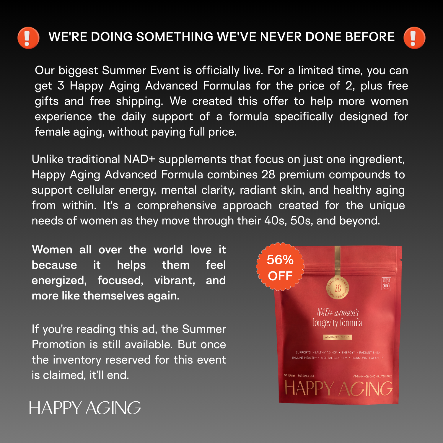 Happy Aging Facebook ad from Jul 9, 2026