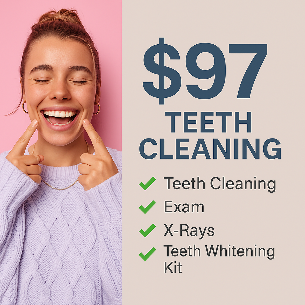 Brushmore Family & Cosmetic Dentistry Facebook ad: $97 Teeth Cleaning, Exam, & X-rays + Teeth Whitening…