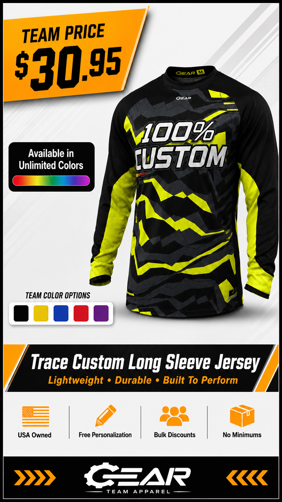 Gear Team Apparel Facebook ad: No Minimums. Full Custom