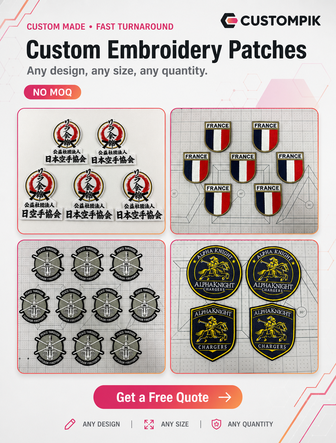Custompik Facebook ad: Custom Patches, No MOQ