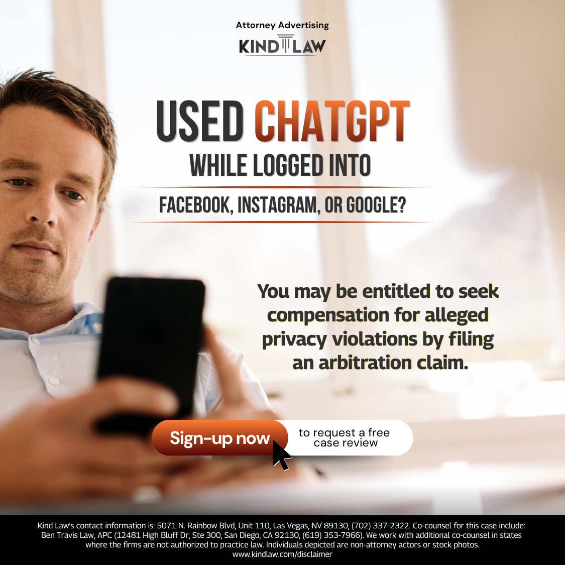 Kind Law Facebook ad: Used ChatGPT? You May Be Entitled To Seek Compensation