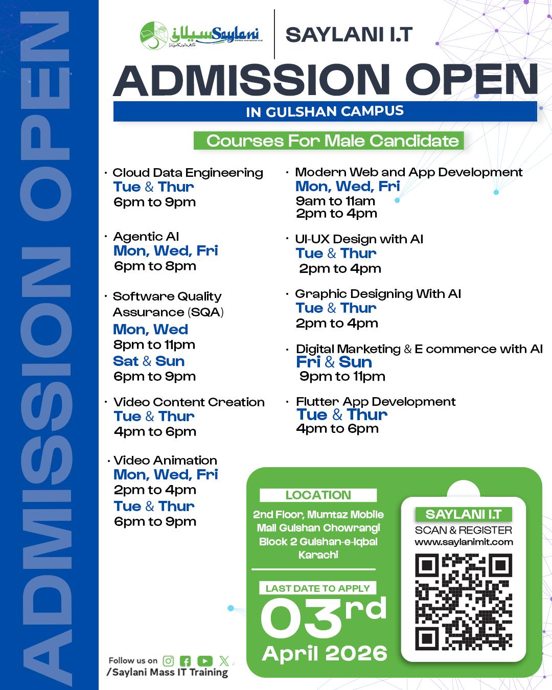 Saylani Mass I.T. Training Facebook ad: Admissions Open, Saylani I.T (Gulshan Campus)