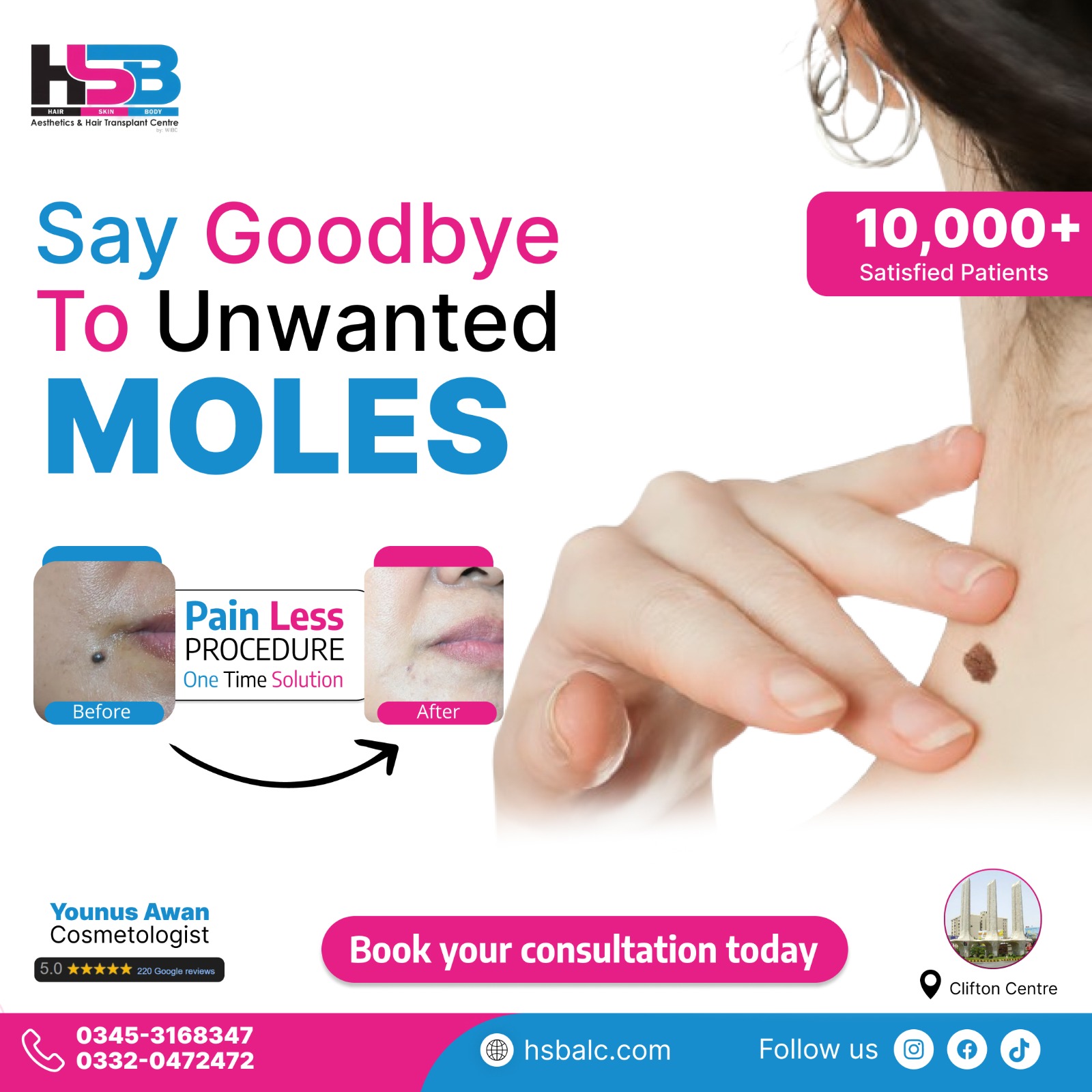 HSB Aesthetic Laser & Hair Transplant Centre Facebook ad: Clearer Skin Starts at HSB Clifton