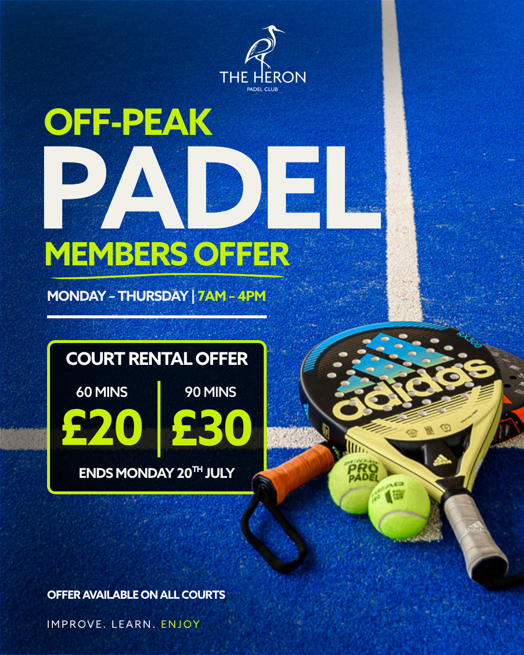 The Heron Padel Club Facebook ad: Off Peak Padel Members Offer