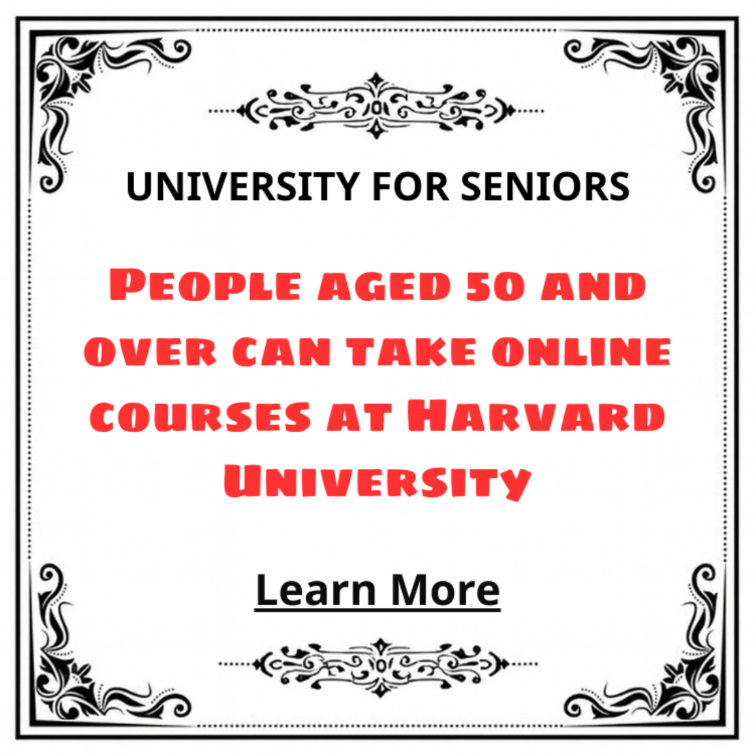Smart Courses Facebook ad: University for Seniors, Online Courses at Harvard…