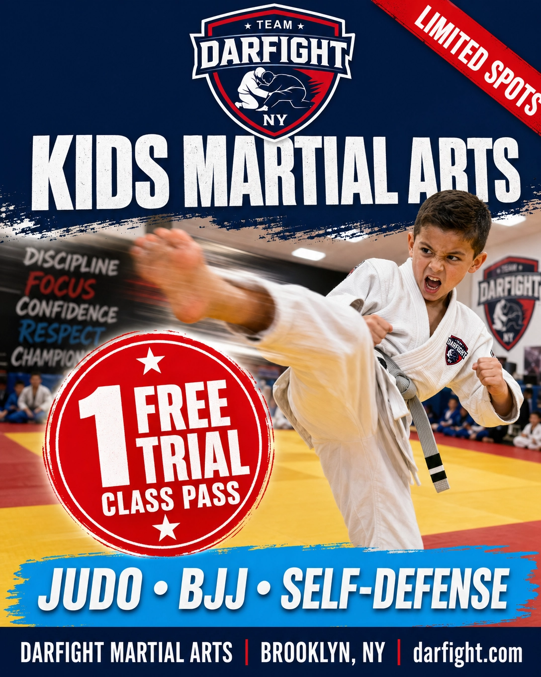 Darfight Facebook ad: Want a FREE Kids Martial Arts Trial Class Pass?