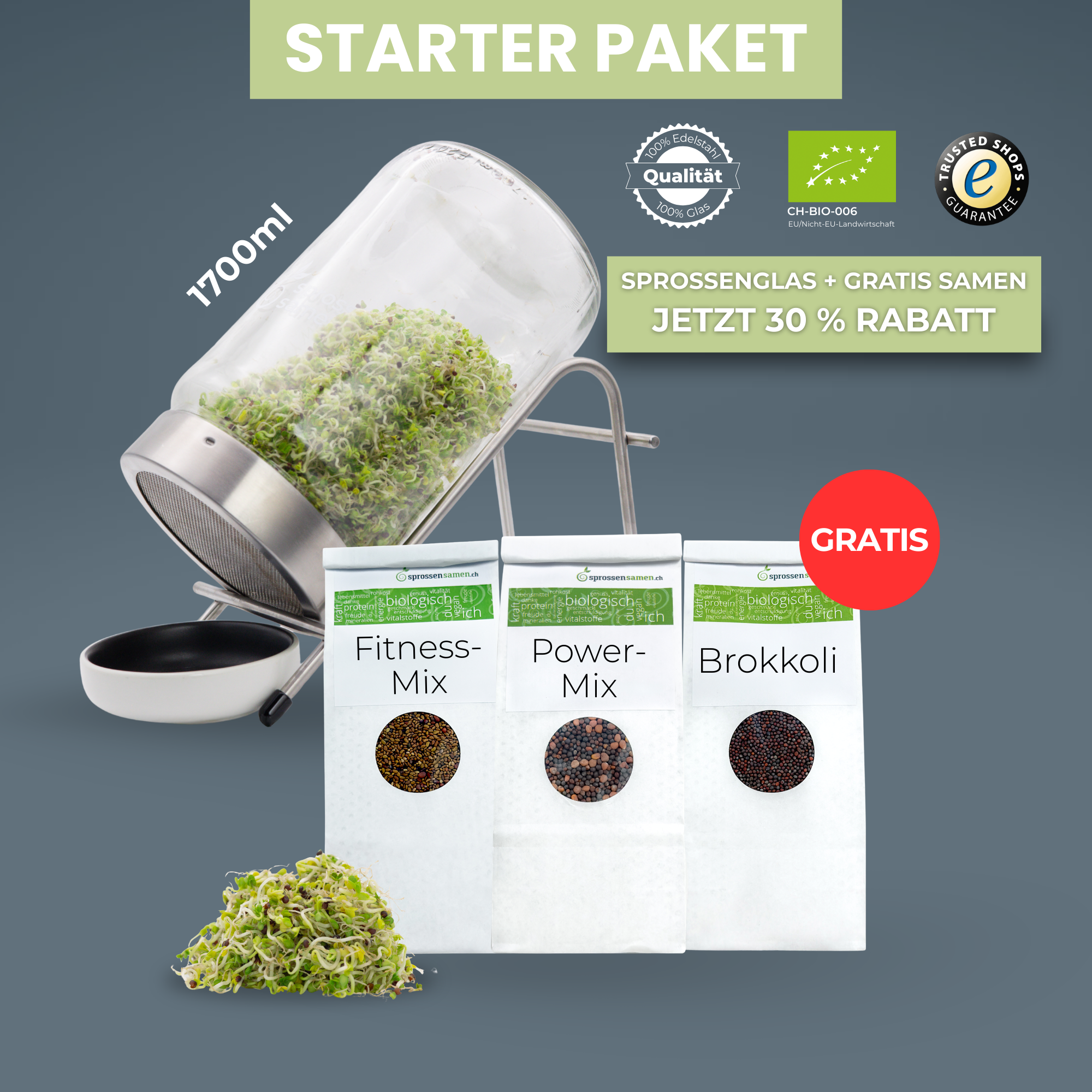 Sprossensamen by naturwerker Facebook ad: Frische Sprossen selbst ziehen mit 30% Ersparnis.