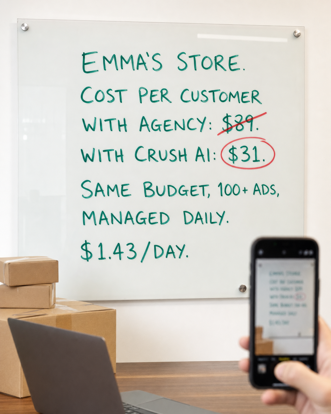 trycrush.ai Facebook ad: Cost per customer: $89 to $31