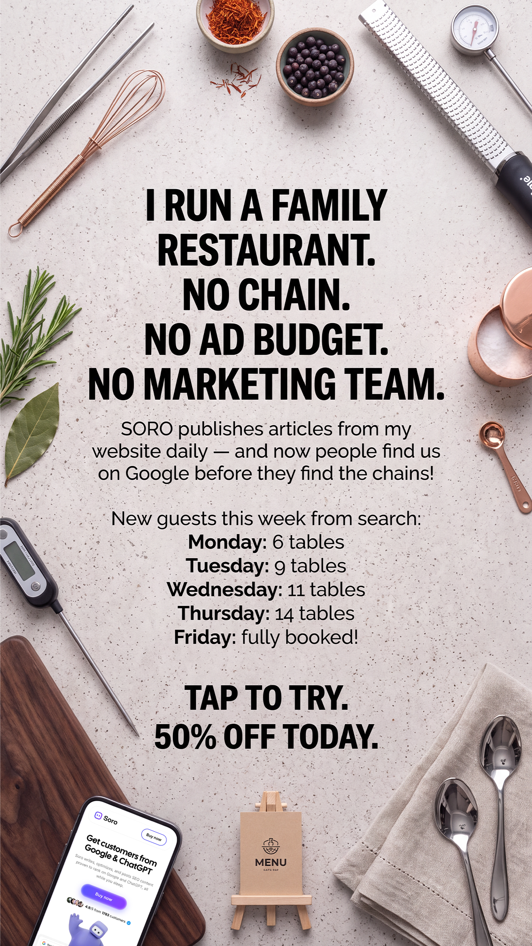Soro SEO Facebook ad: Rank #1 on Google