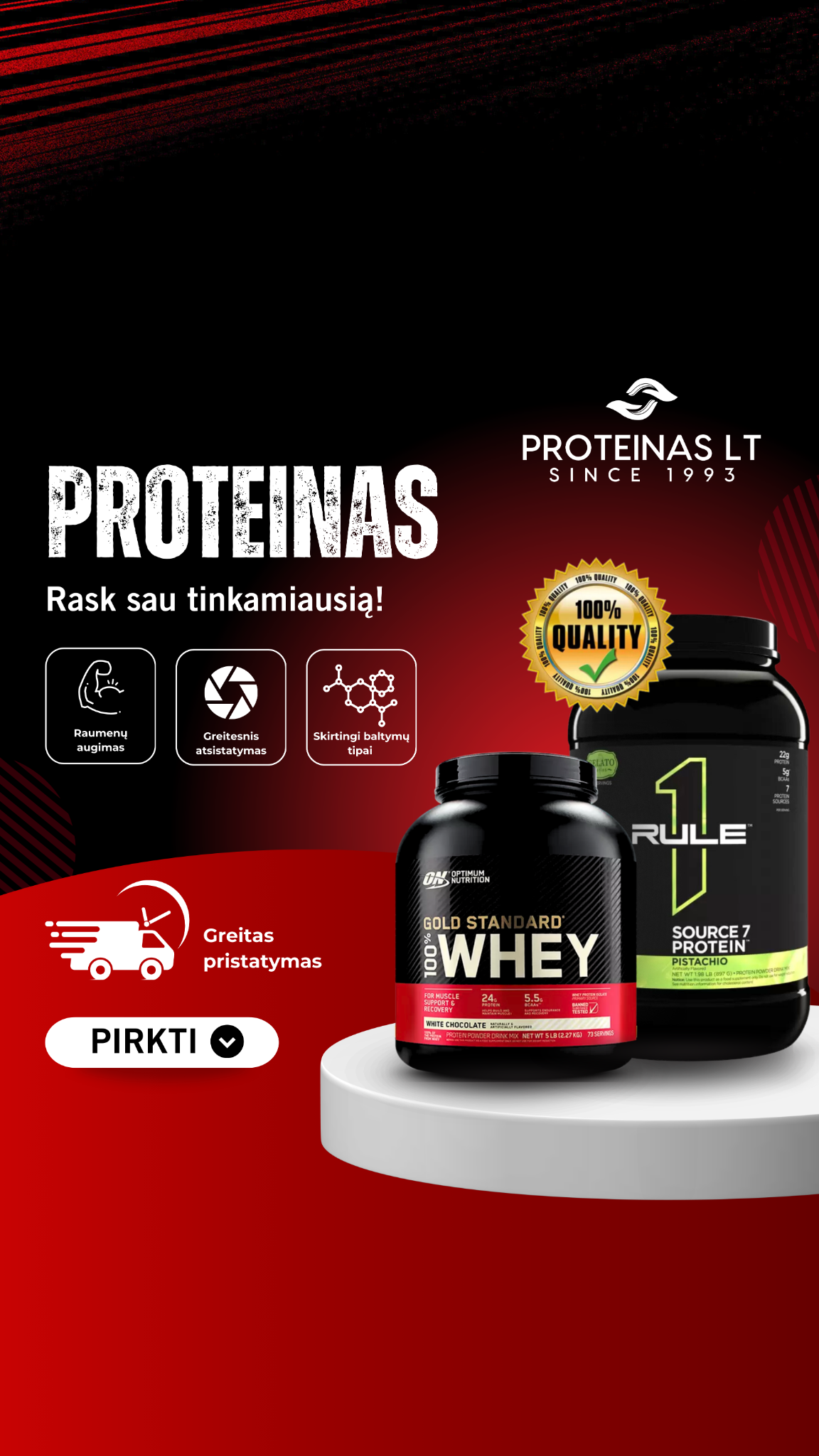 Proteinas.lt maisto papildai Facebook ad: Daugiau baltymų, geresni rezultatai
