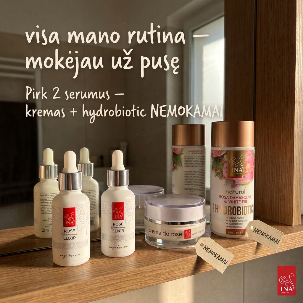Organinė Kosmetika - InaEssentials.LT Facebook ad: Pirk 2 serumus Rose Elixir, kremą ir Hydrobiotic dovanų