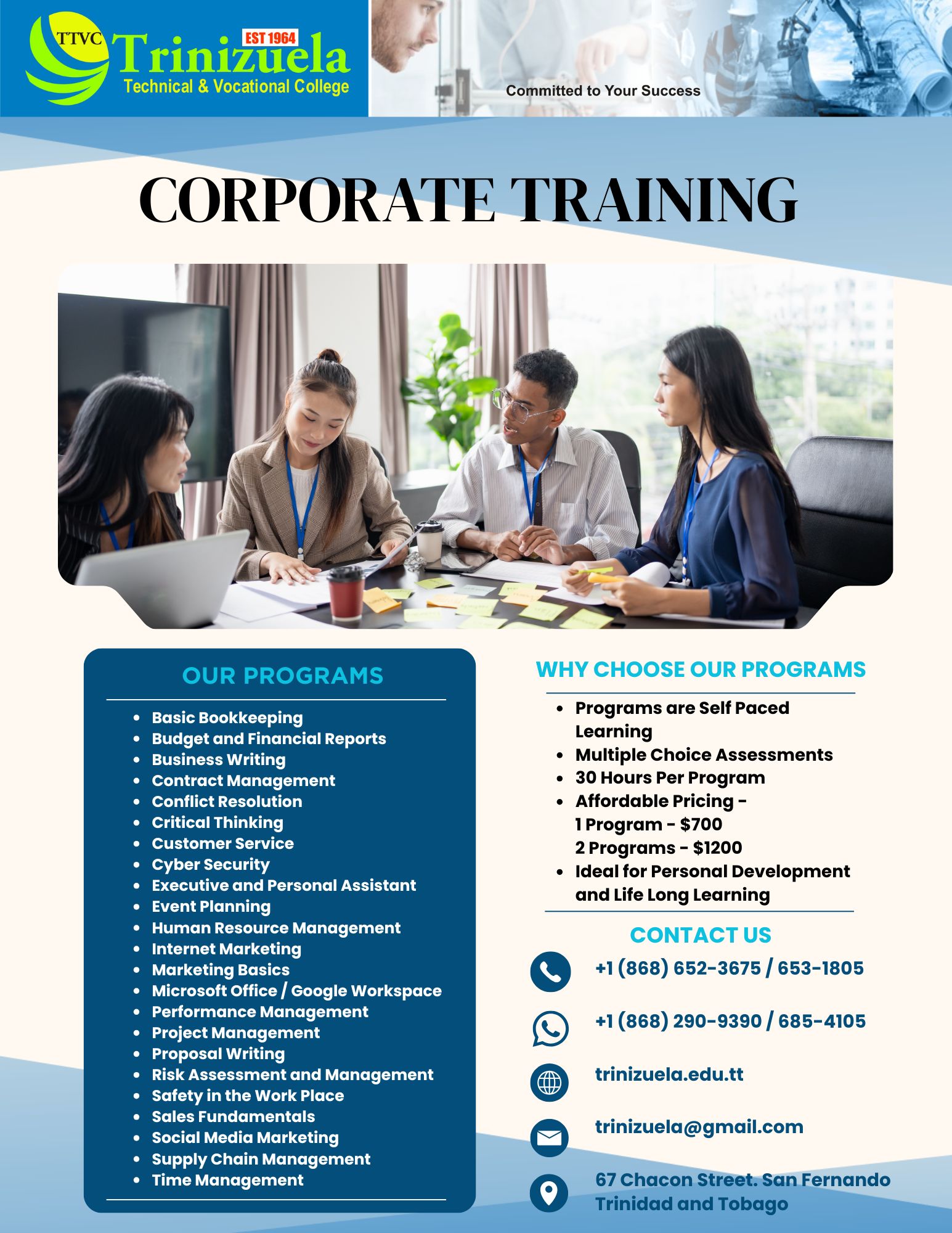 Trinizuela Technical & Vocational College Facebook ad: Register now for our suite of Corporate Training…