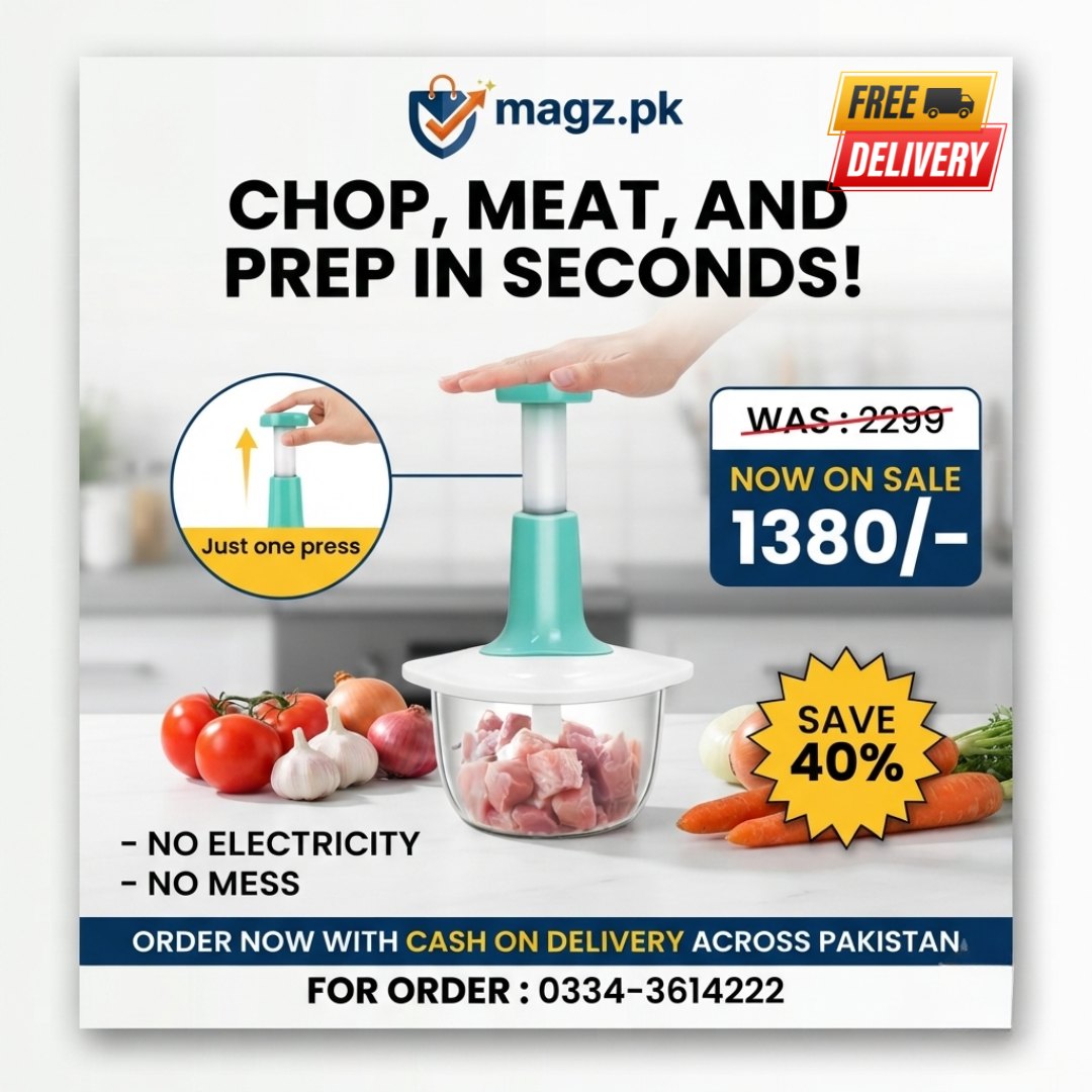 magz.pk Facebook ad: 2L Manual Hand Food Chopper, Vegetable & Meat Mincer |…