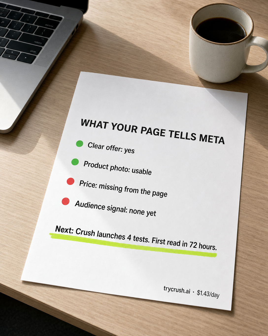 trycrush.ai Facebook ad: What your page tells Meta: green or red?