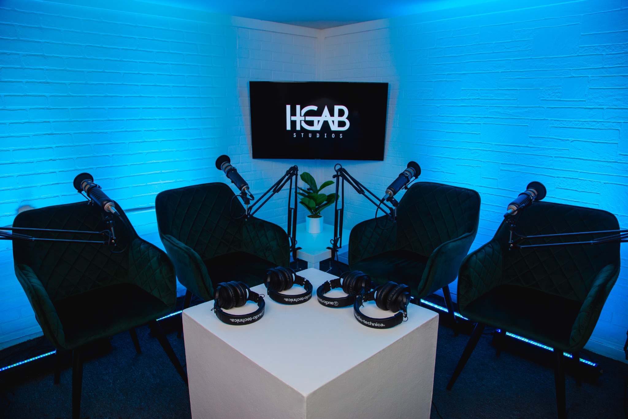 HGAB Studios Facebook ad: Our state-of-the-art podcast studio is designed for…
