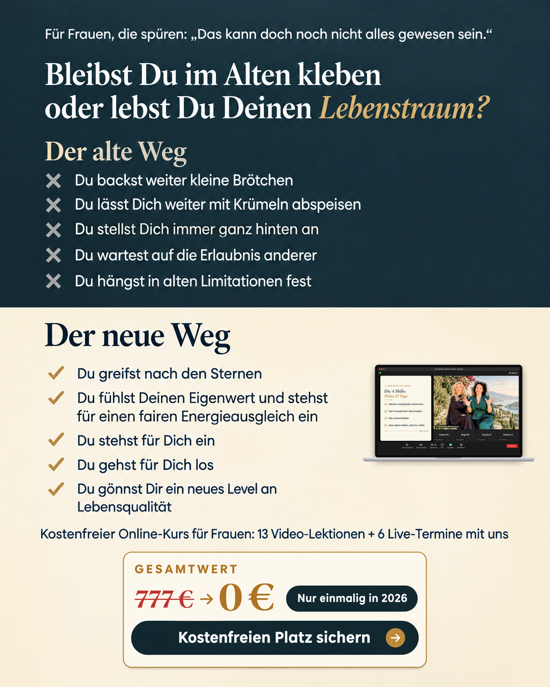 Susanne & Nicole Facebook ad: Kostenfreier Online-Kurs zum Leben, das Du wirklich willst