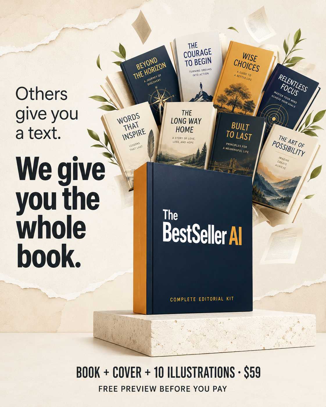 Best Sellers AI Facebook ad: Book, cover and 10 illustrations.