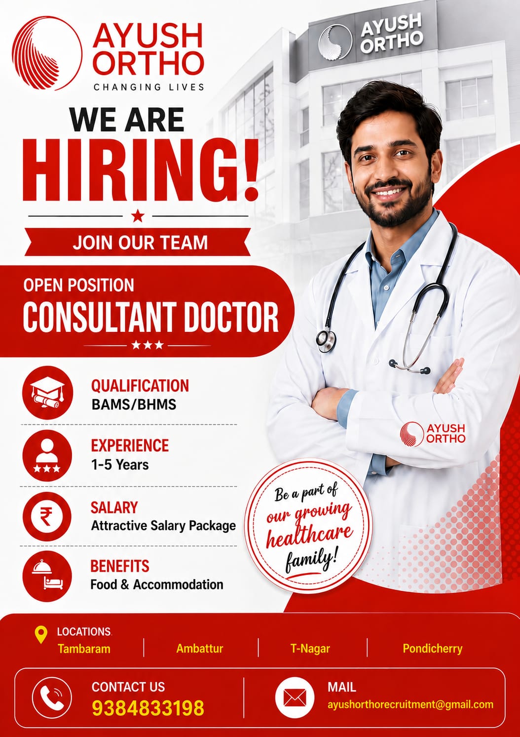 Ayush Ortho Facebook ad: Immediate Hiring, Consultant Doctors