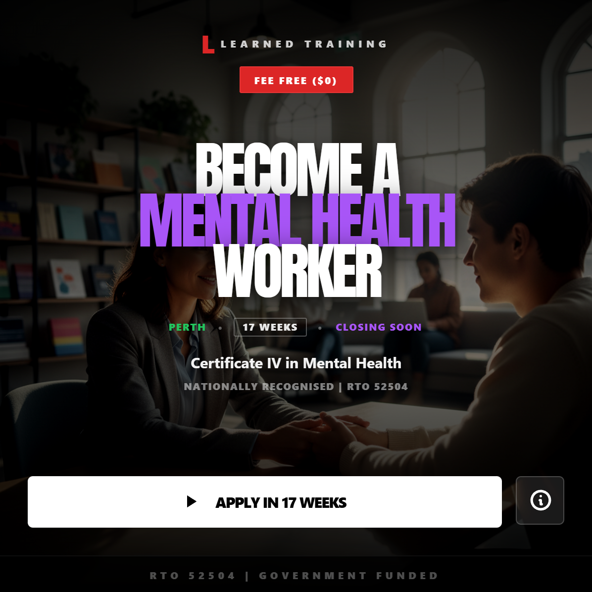 LearnEd Training Facebook ad: Work in Mental Health, $0 Course