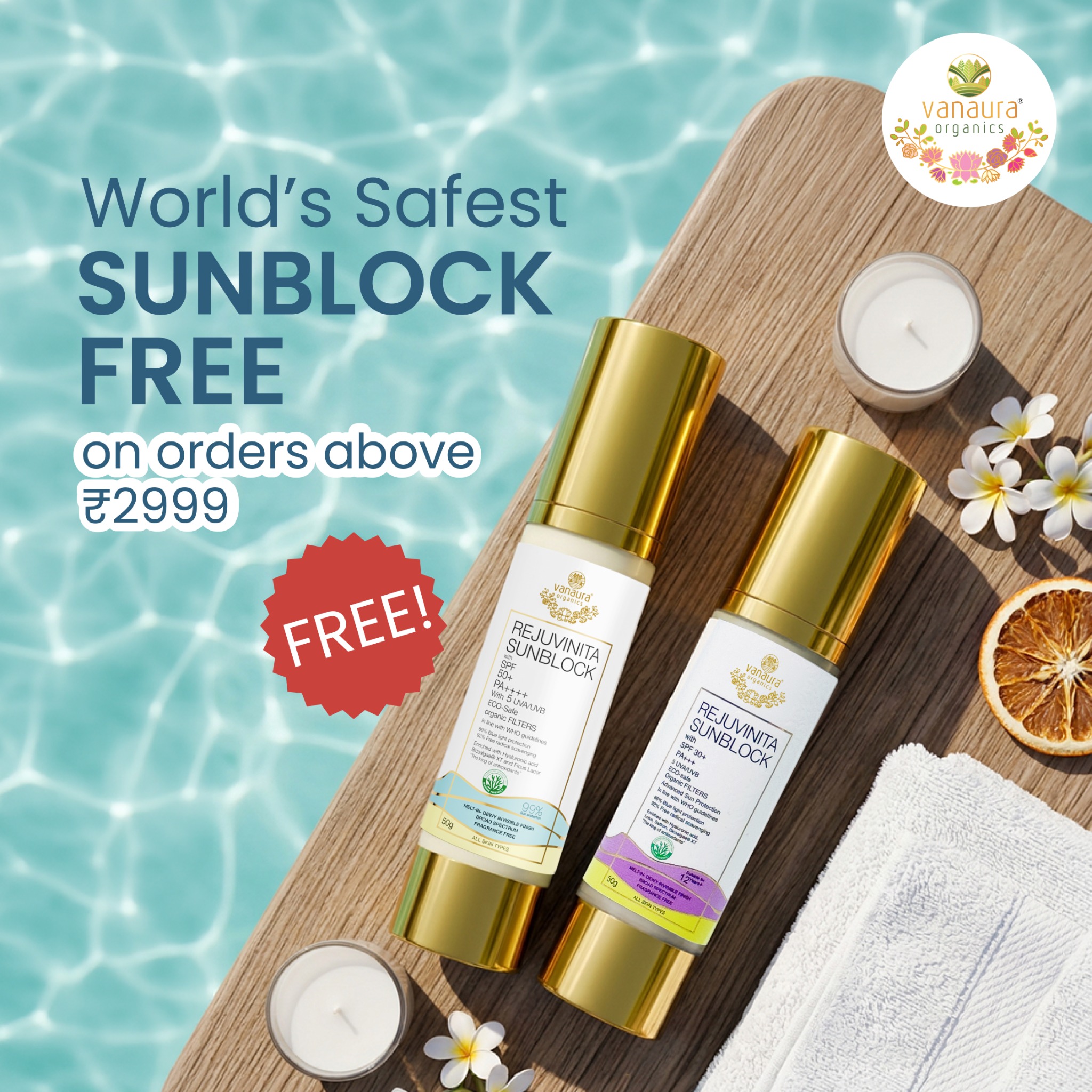 Vanaura Organics - Ayurveda Inspired Organic Skin and Hair Care Facebook ad: Glow All Summer - Sunblock FREE!