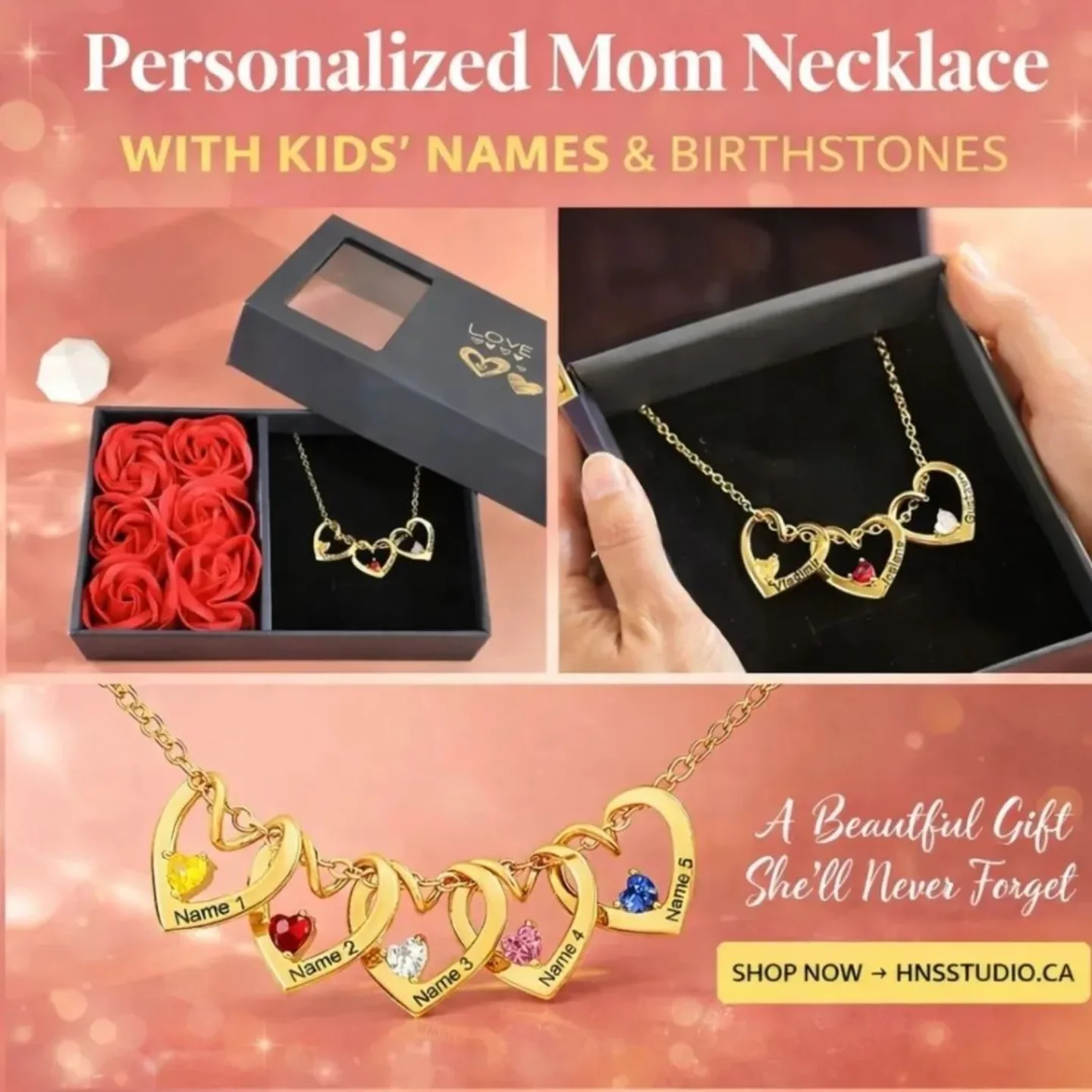 HNS Studio Facebook ad: Personalized Mom Necklace with Kids’ Names & Birthstones…