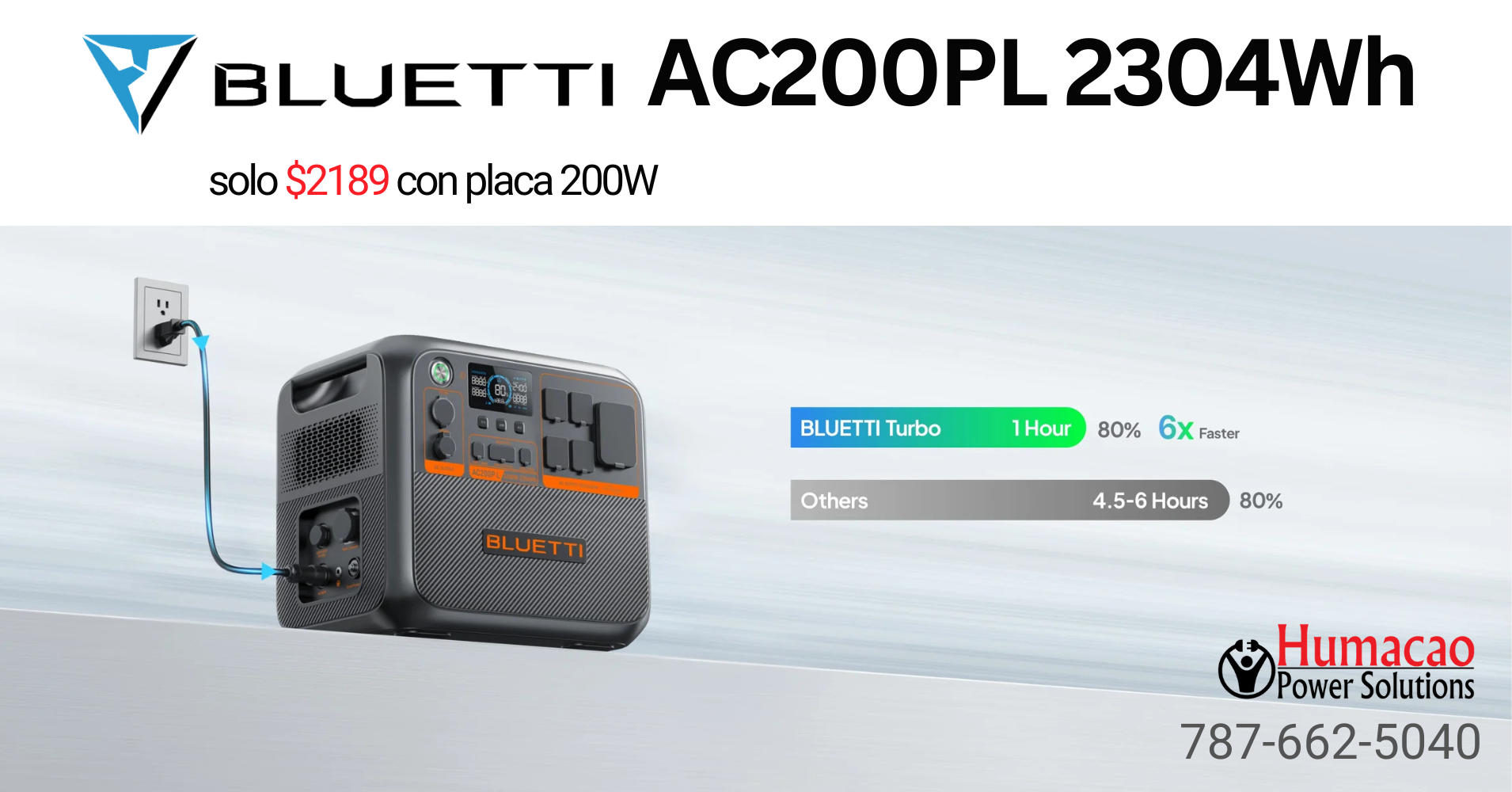 Humacao Power Solutions Facebook ad: Bluetti AC200PL + Placa 200W Combo