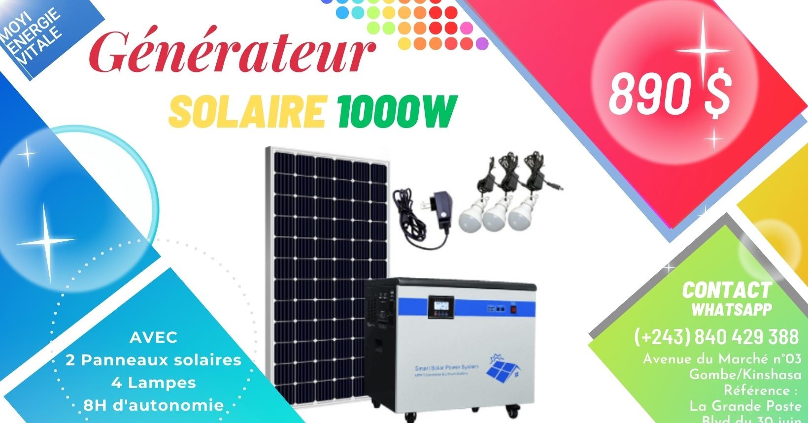 Moyi Énergie Vitale Facebook ad: Installations solaires pour l'Afrique.