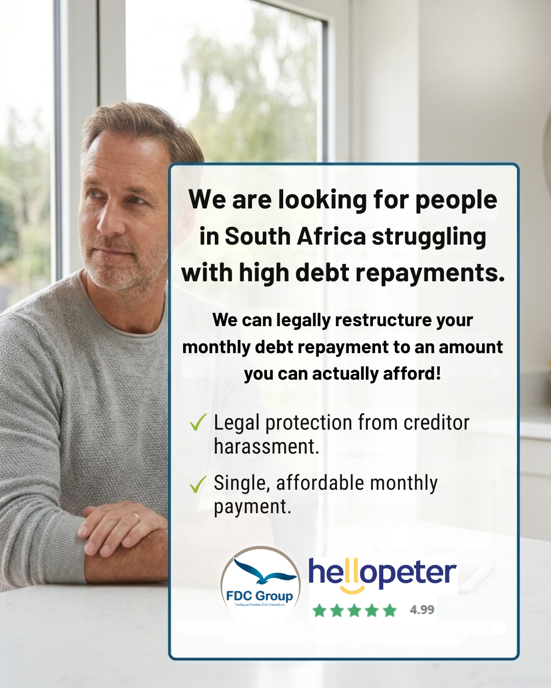 FDC Group Facebook ad: Legal Debt Restructuring: 4.99★ Rated Service