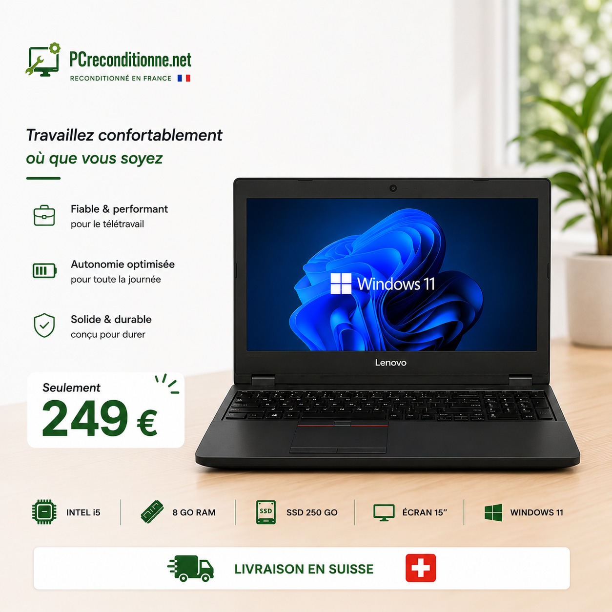Pcreconditionne.net Facebook ad: LENOVO L570 I5 RAM 8 Go - SSD 250 Go - WINDOWS 11…