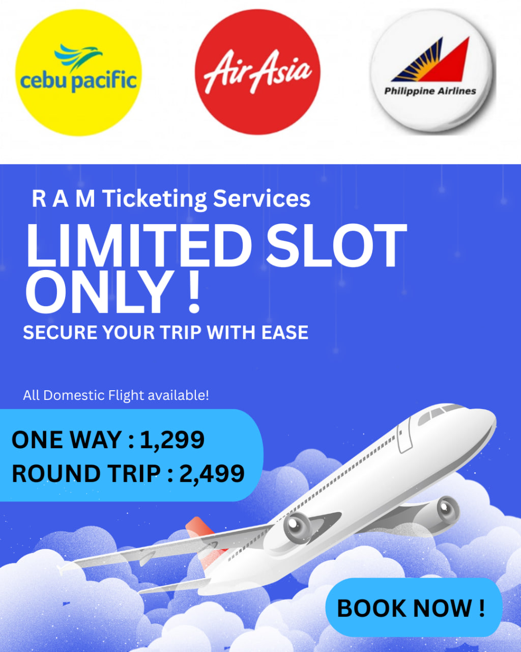 R A M Ticketing Services Facebook ad: BOOK NOW!