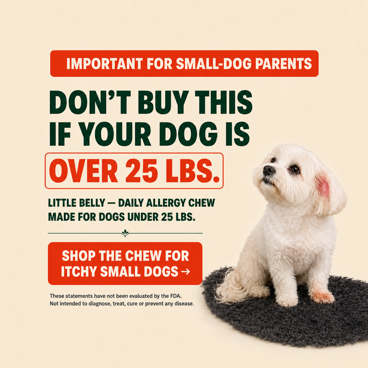 Snehal - Tiny Bark Nutrition Facebook ad: The allergy chew for small dogs only