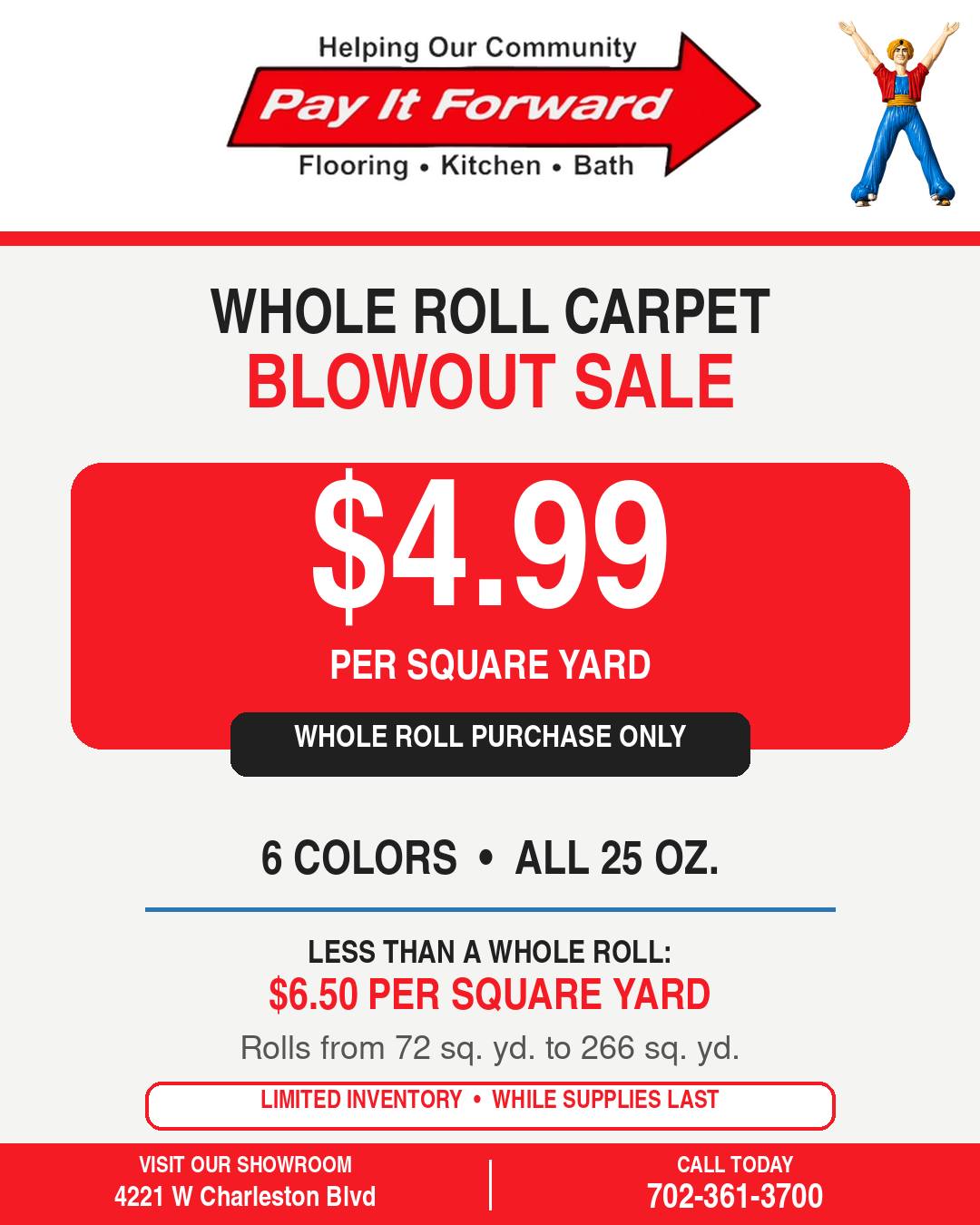 Half Price Flooring Facebook ad: Whole Roll Carpet Blowout Sale, $4.99/Sq. Yd.