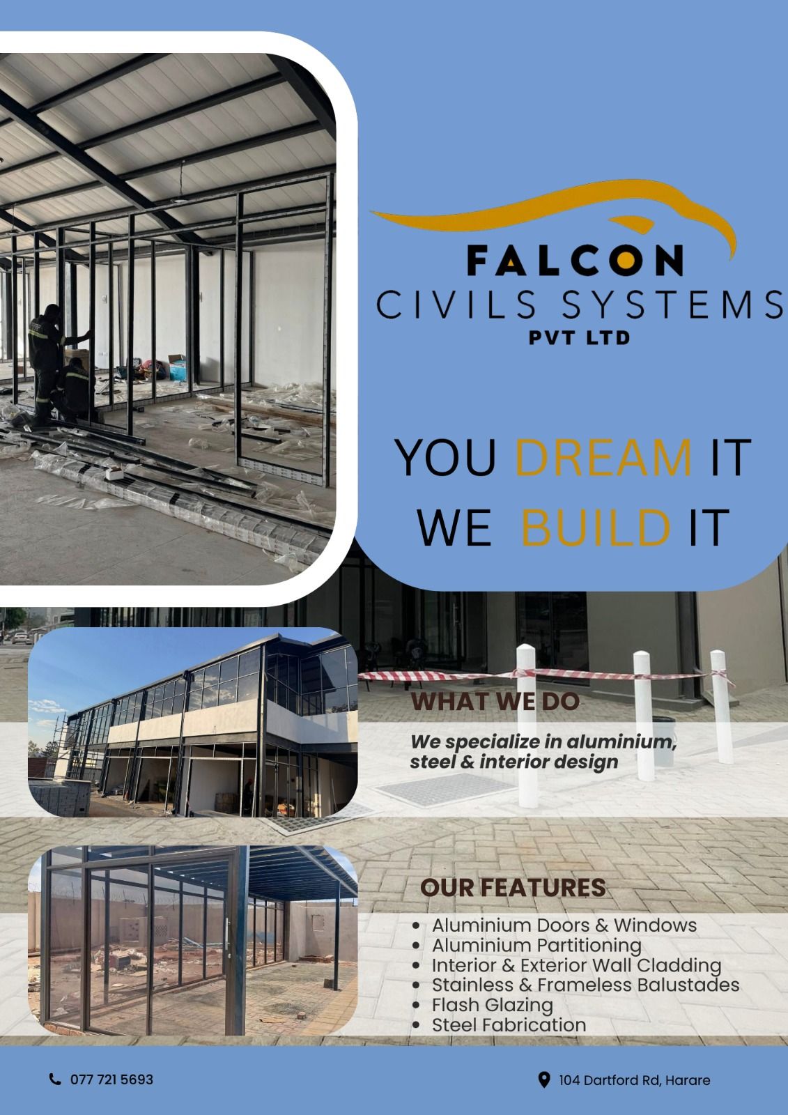 Falcon Aluminium,steel and interior designs Facebook ad: Strong. Modern. Long-lasting.
