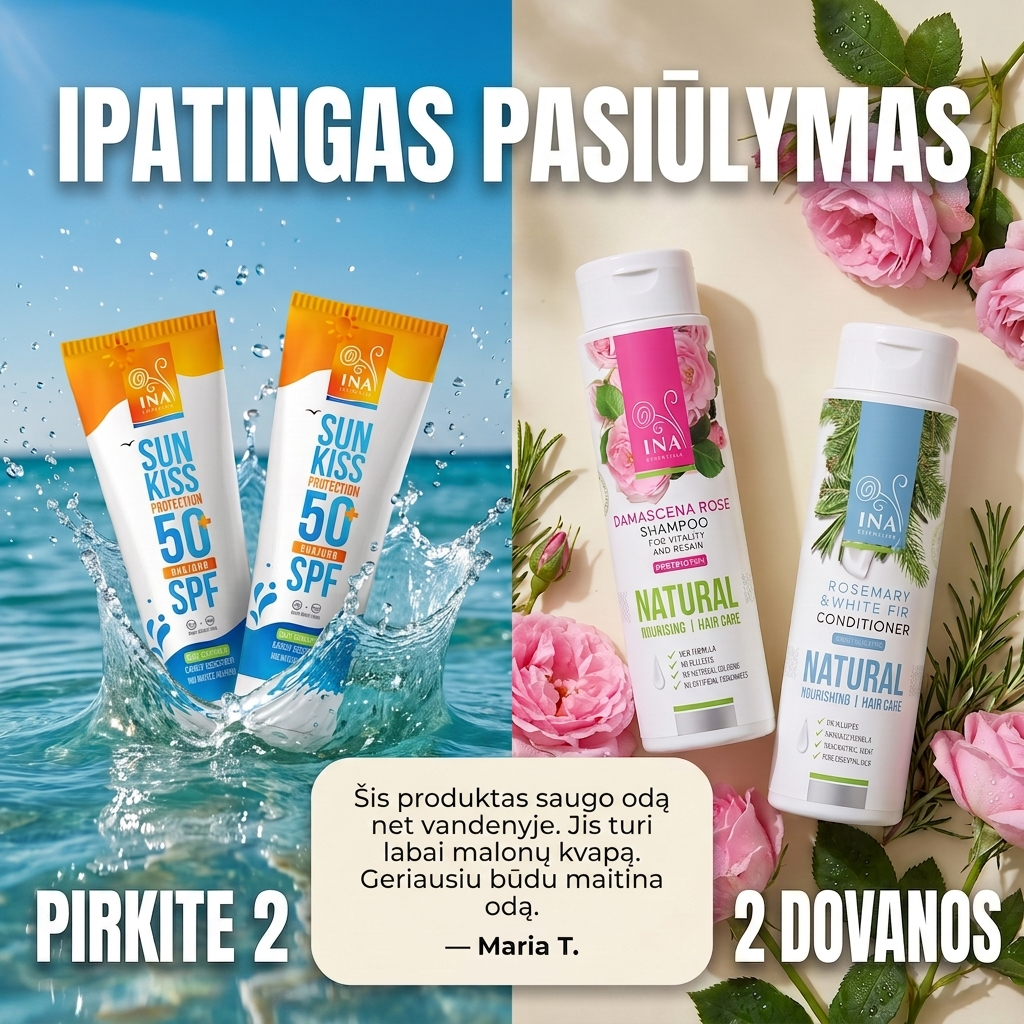 Šeimos Organinė Kosmetika - InaEssentials.lt Facebook ad: Pirk 2 SPF 50+ ir gauk sampuna bei balzama dovanu