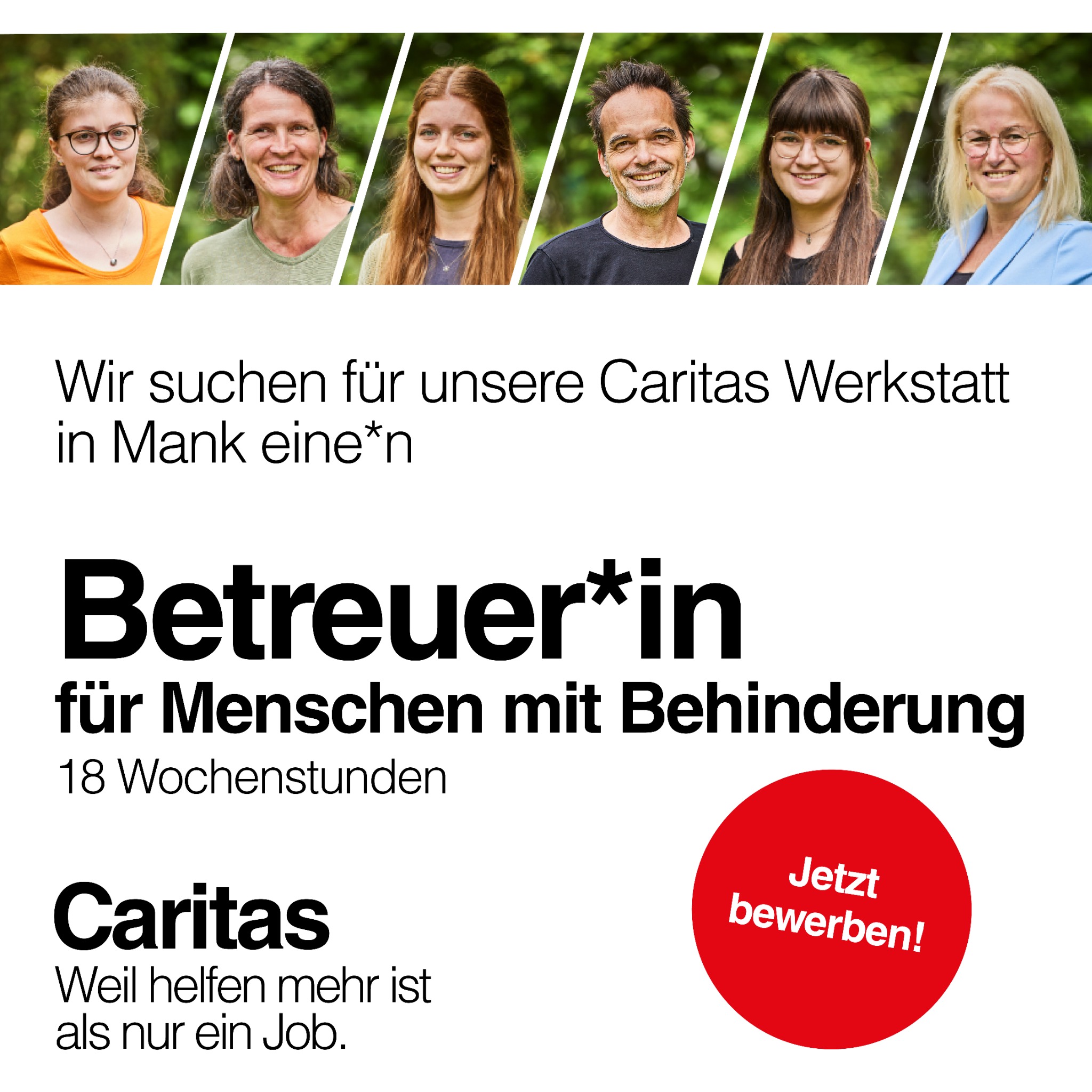 Caritas Mittendrin (St. Pölten & NÖ-West) Facebook ad: Bewerbung als Behindertenbetreuer*in für die Werkstatt…