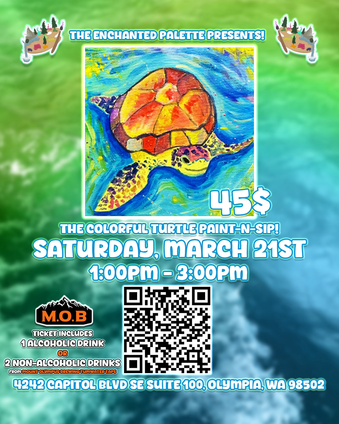 The Enchanted Palette Facebook ad: Colorful Turtle Paint-n-Sip