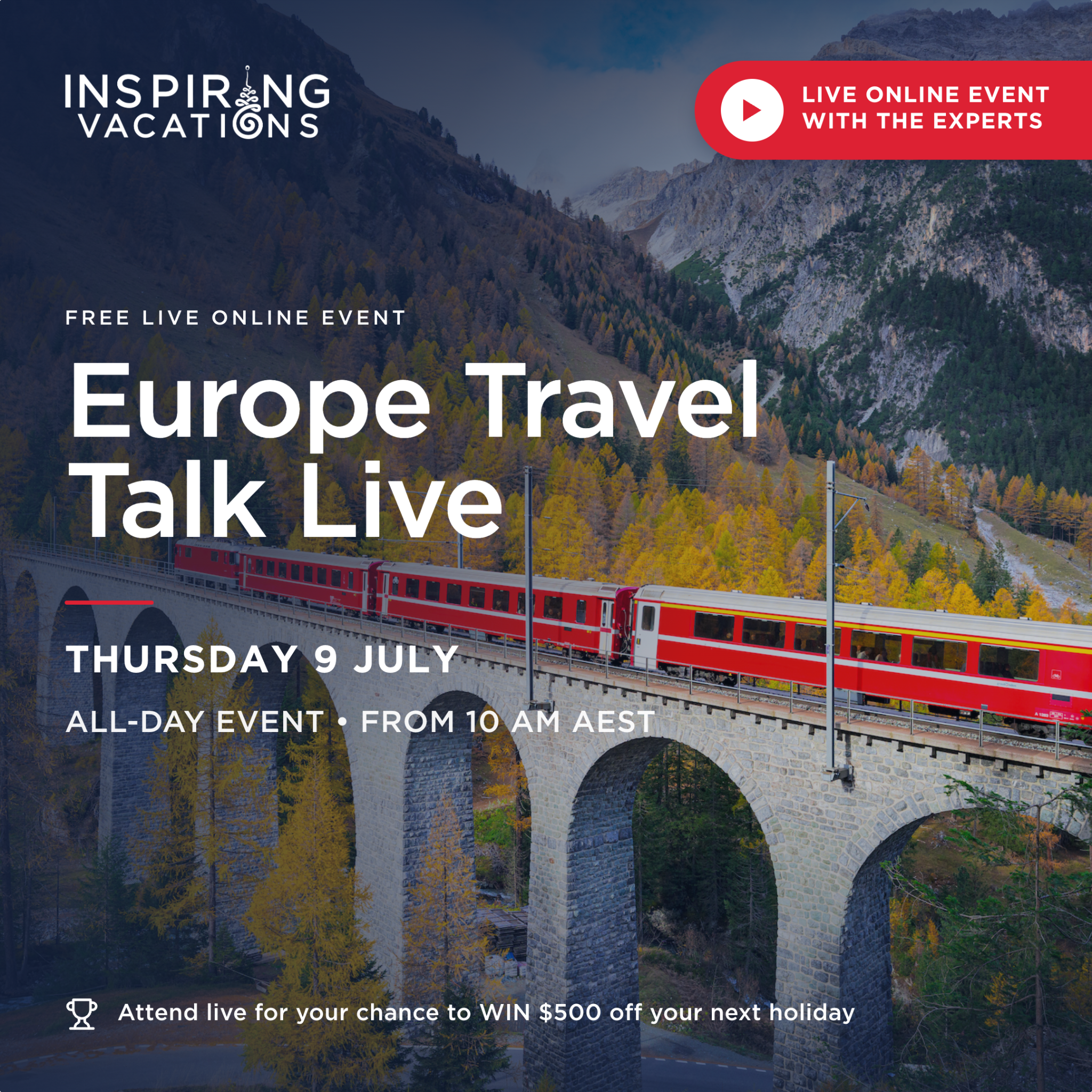 Inspiring Vacations Facebook ad: A full day of Europe, live