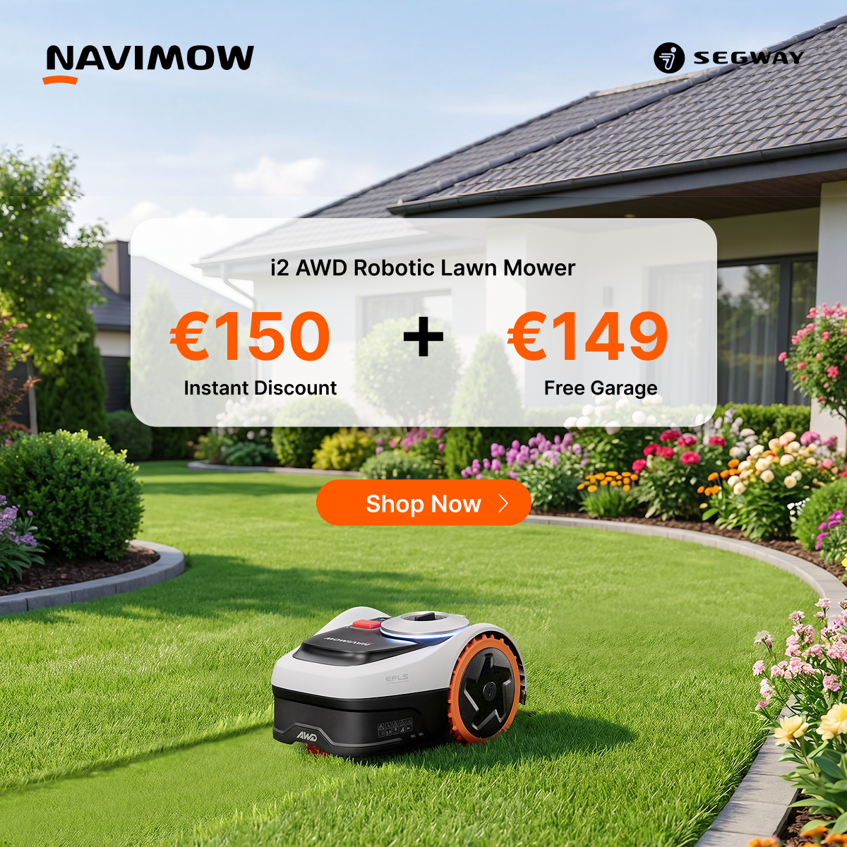 Segway Navimow Nordics Facebook ad: Navimow i2 AWD | €150 OFF + FREE Garage