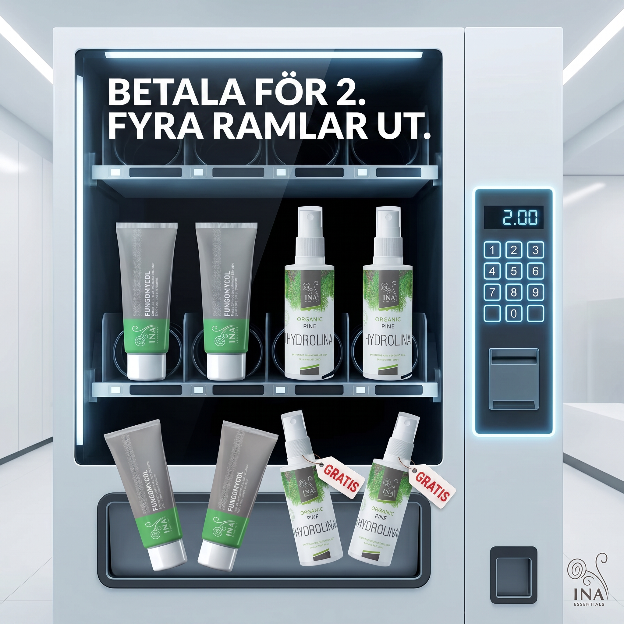 InaEssentials - Webbutik för 100% ekologisk BIO-kosmetika Facebook ad: Köp 2 Fungomycol, få 2 Hydrolina på köpet