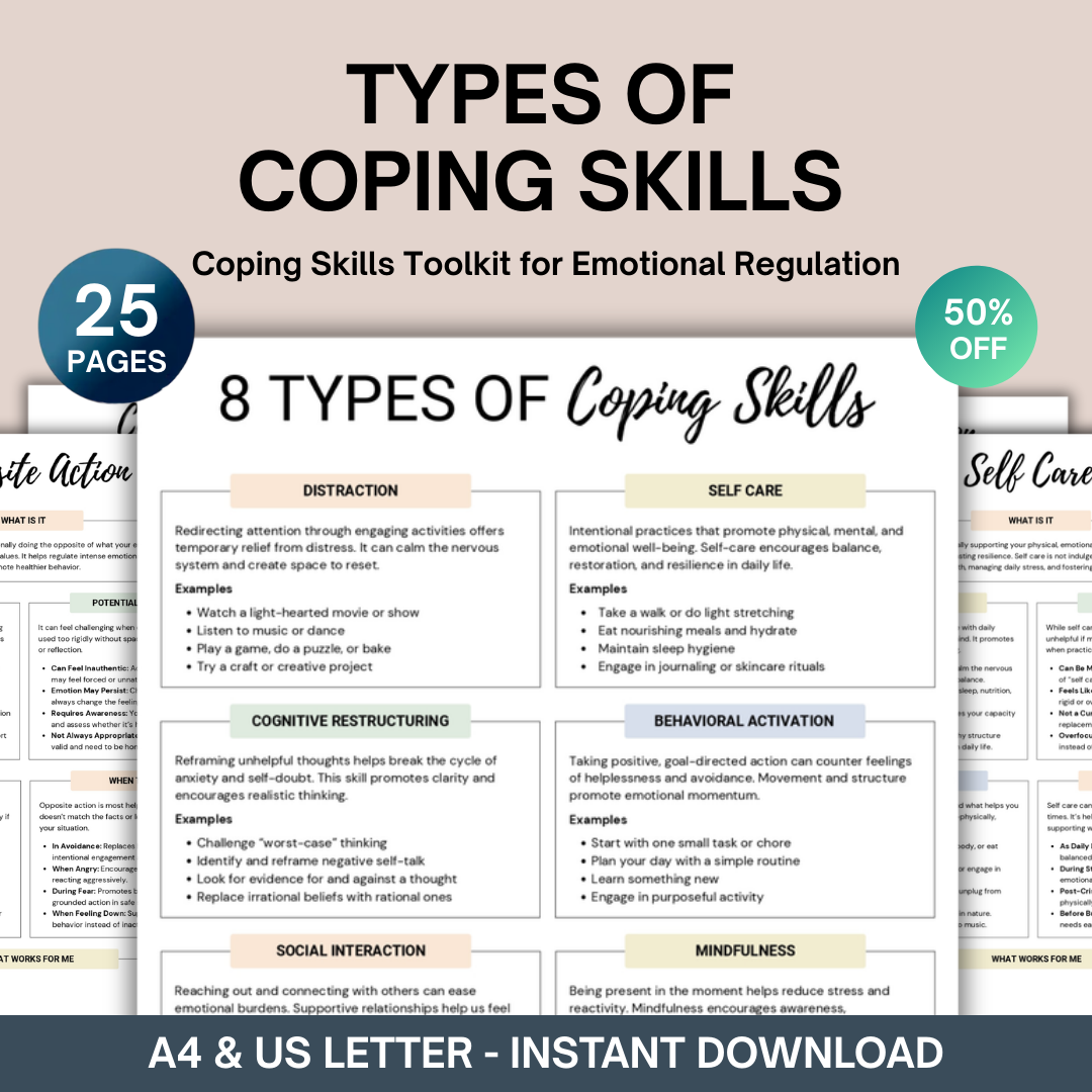Calm & Clarity Facebook ad: 50% OFF - 8 Types of Coping Skills Worksheets