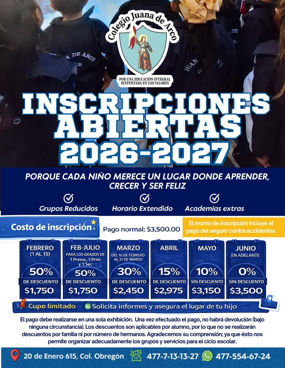 Colegio Juana de Arco A.C. Facebook ad: Inscripciones abiertas | Ciclo escolar 2026-2027