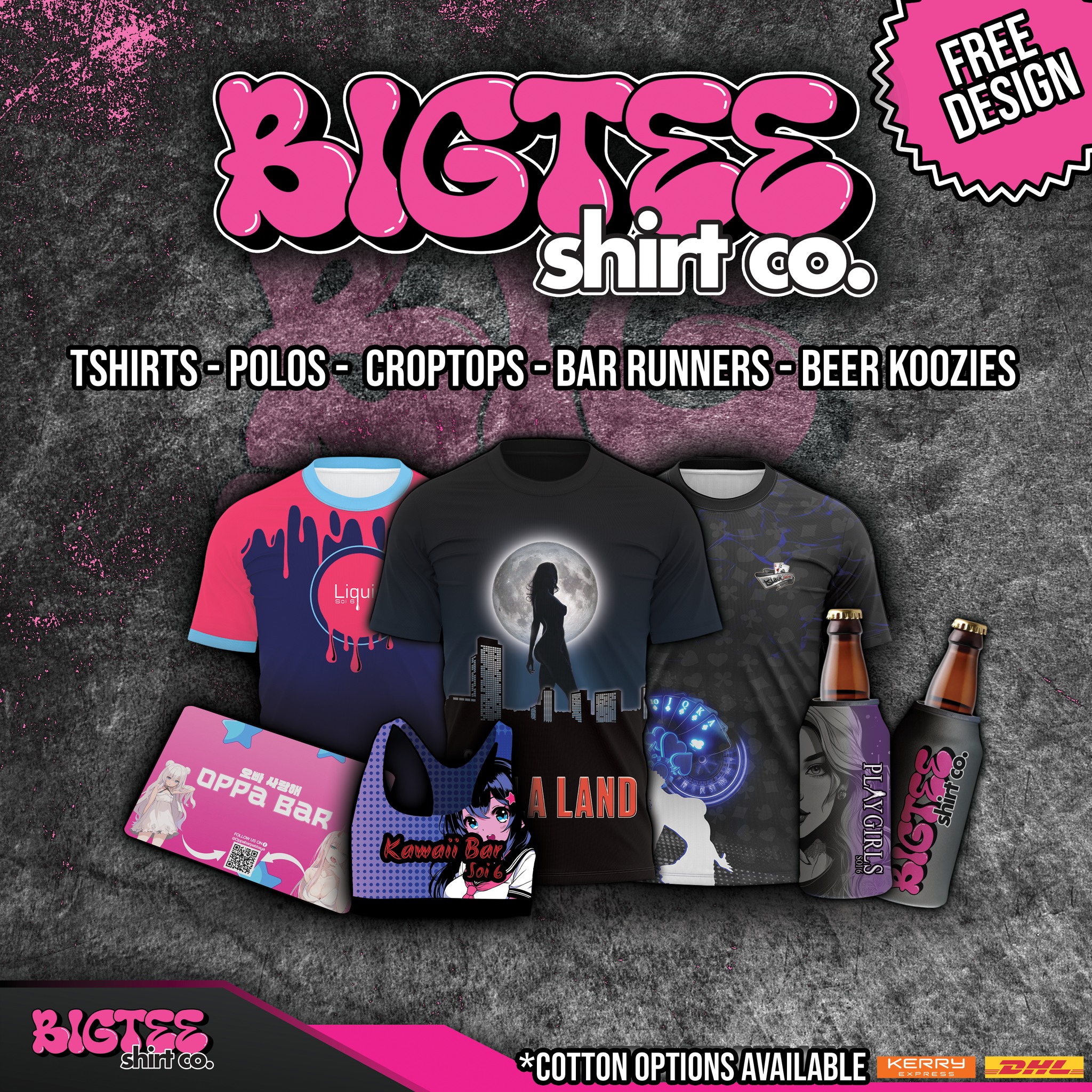 Big Tee Shirt Co. Facebook ad: T-Shirts, Polo Shirts, Crop Tops, Bar Runners, Koozies…