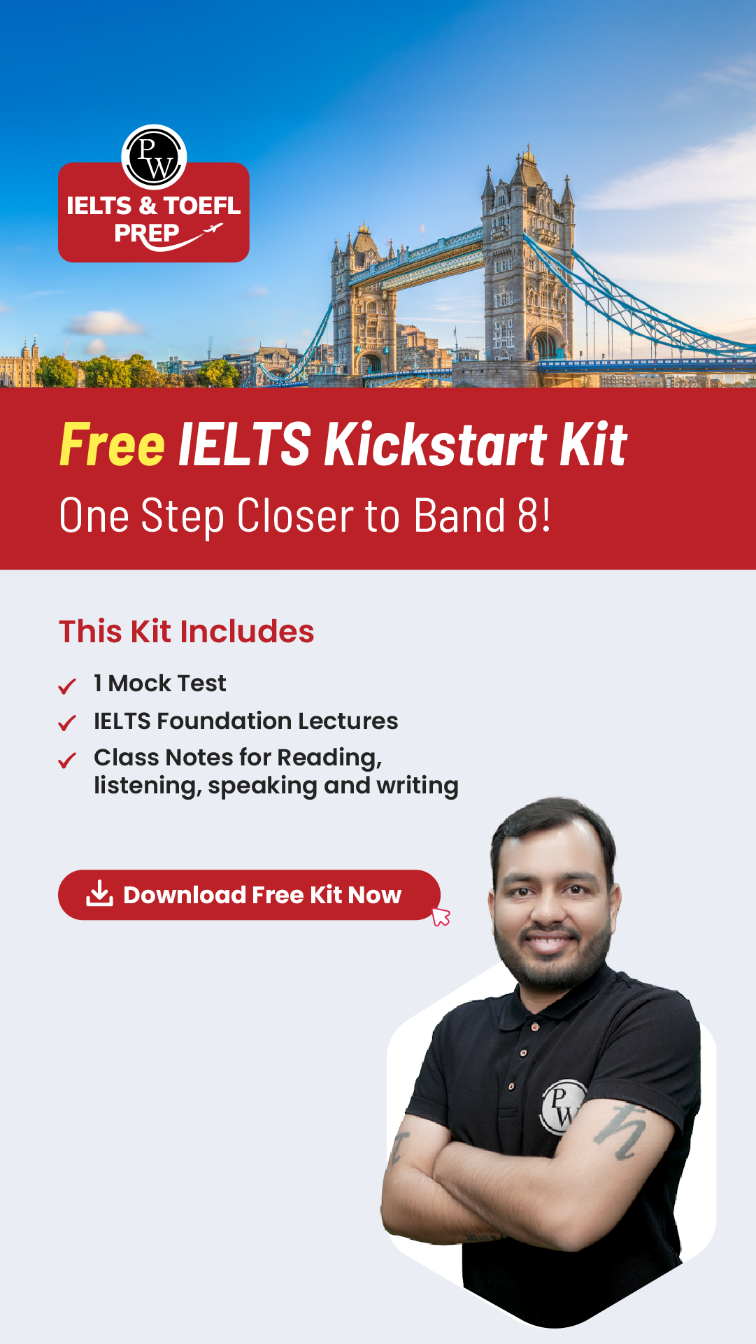 PW IELTS Prep Facebook ad: Target Band 8? Start Here Free