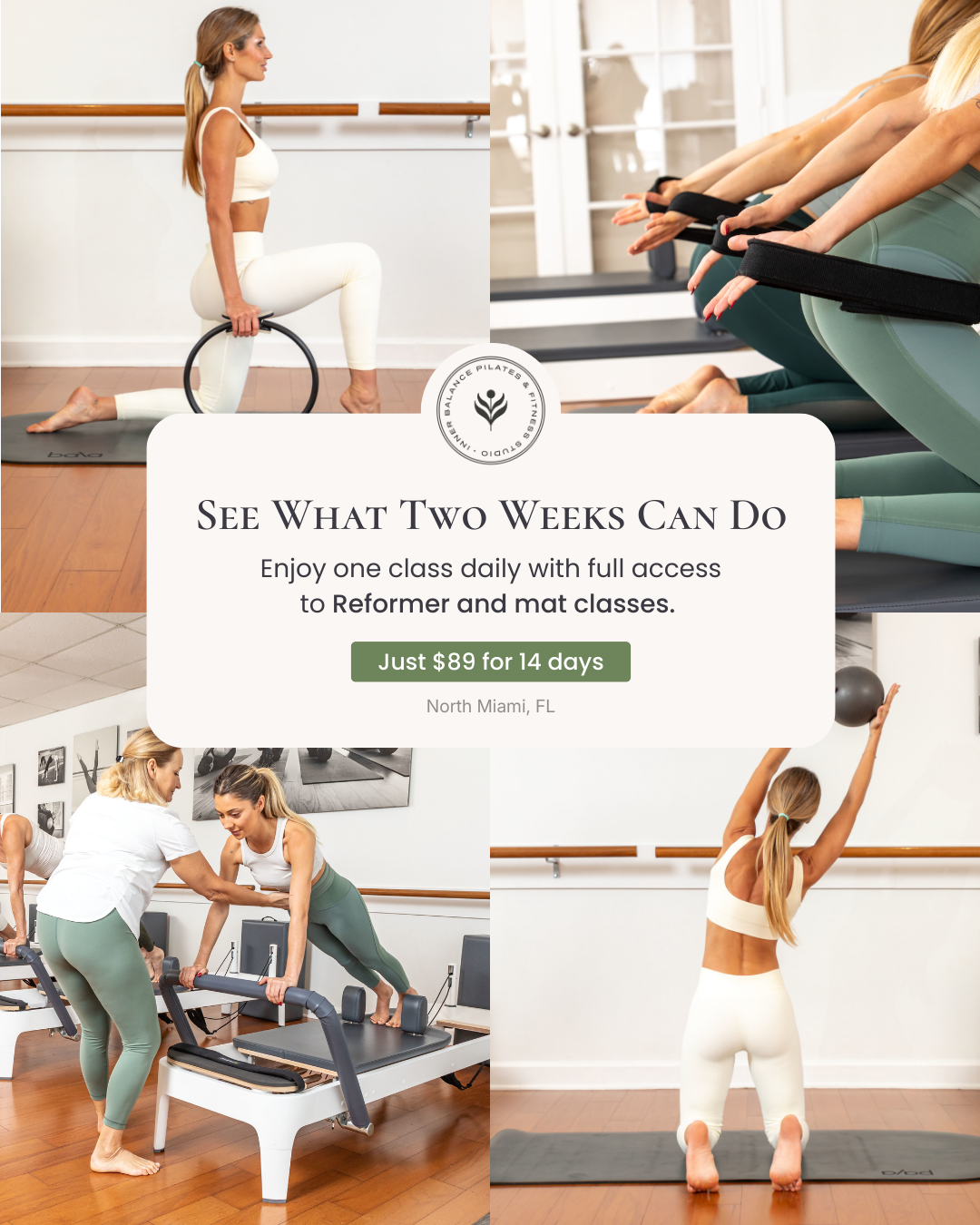 Inner Balance Studio Facebook ad: Reformer + Mat | North Miami | 2 Weeks for $89