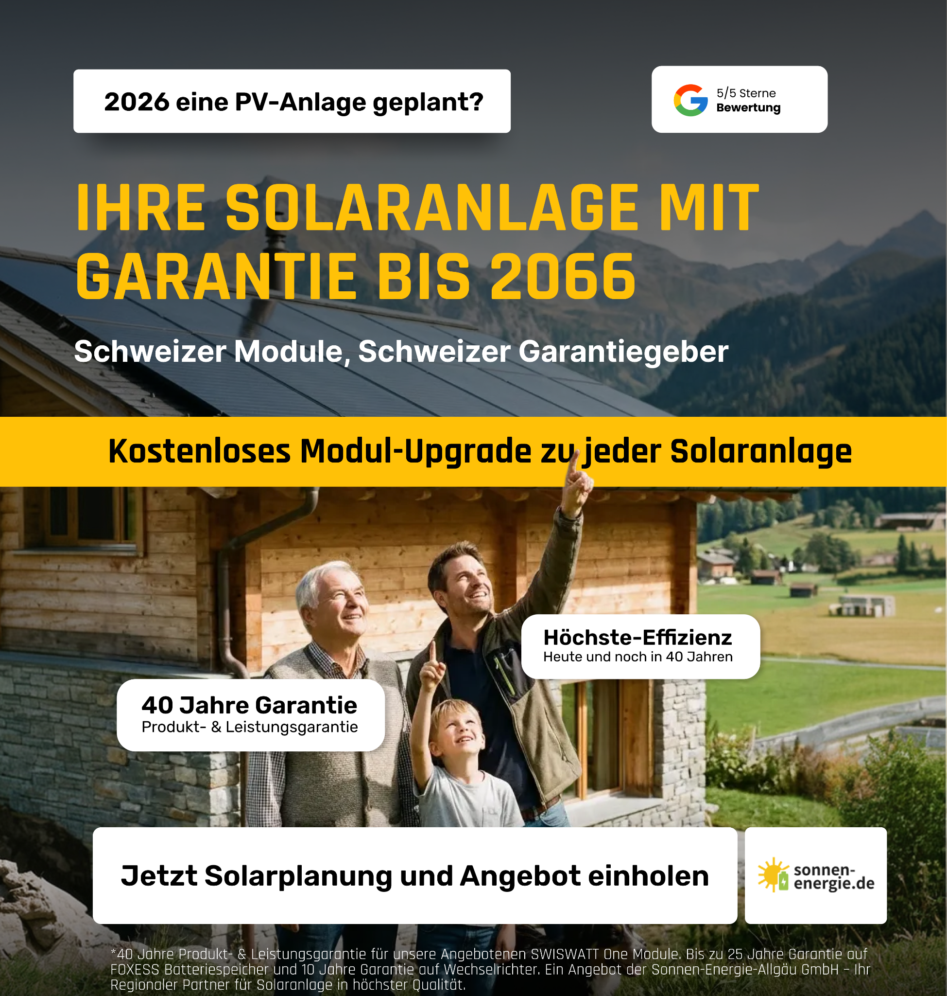 Sonnen-Energie Allgäu Facebook ad: PV-Anlage? Modulupgrade mit 40 Jahren Garantie GRATIS dazu.